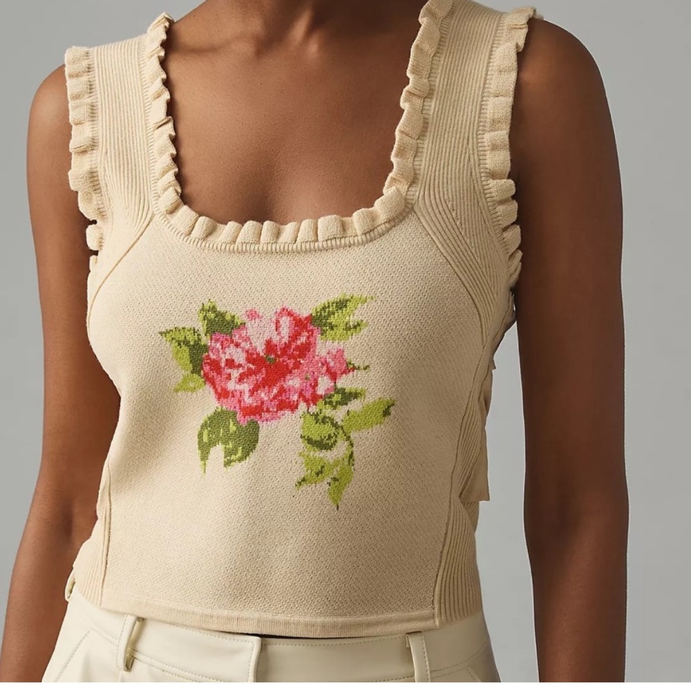 Anthropologie Cream Floral Knit Tank Top brand new